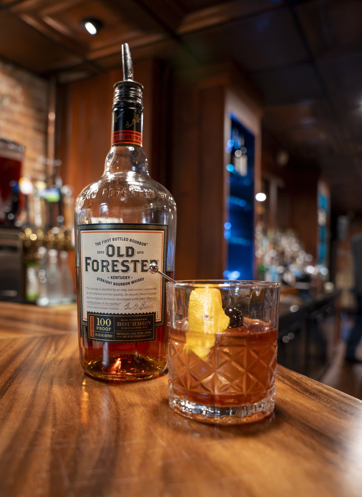 Bourbon and an Old Fashioned on the bar at The Lounge
